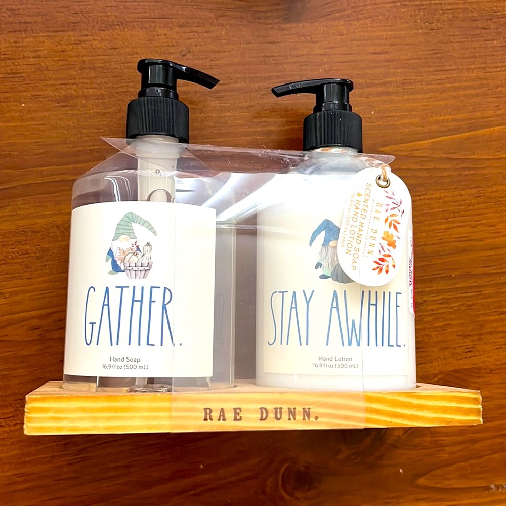Rae Dunn soap and lotion Gather and Stay Awhile. Vanilla